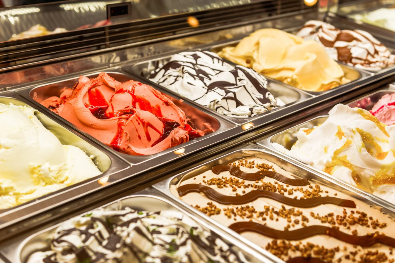 Close-up of the ice cream display with cream ice cream and sorbet at Der Eissalon in Graz